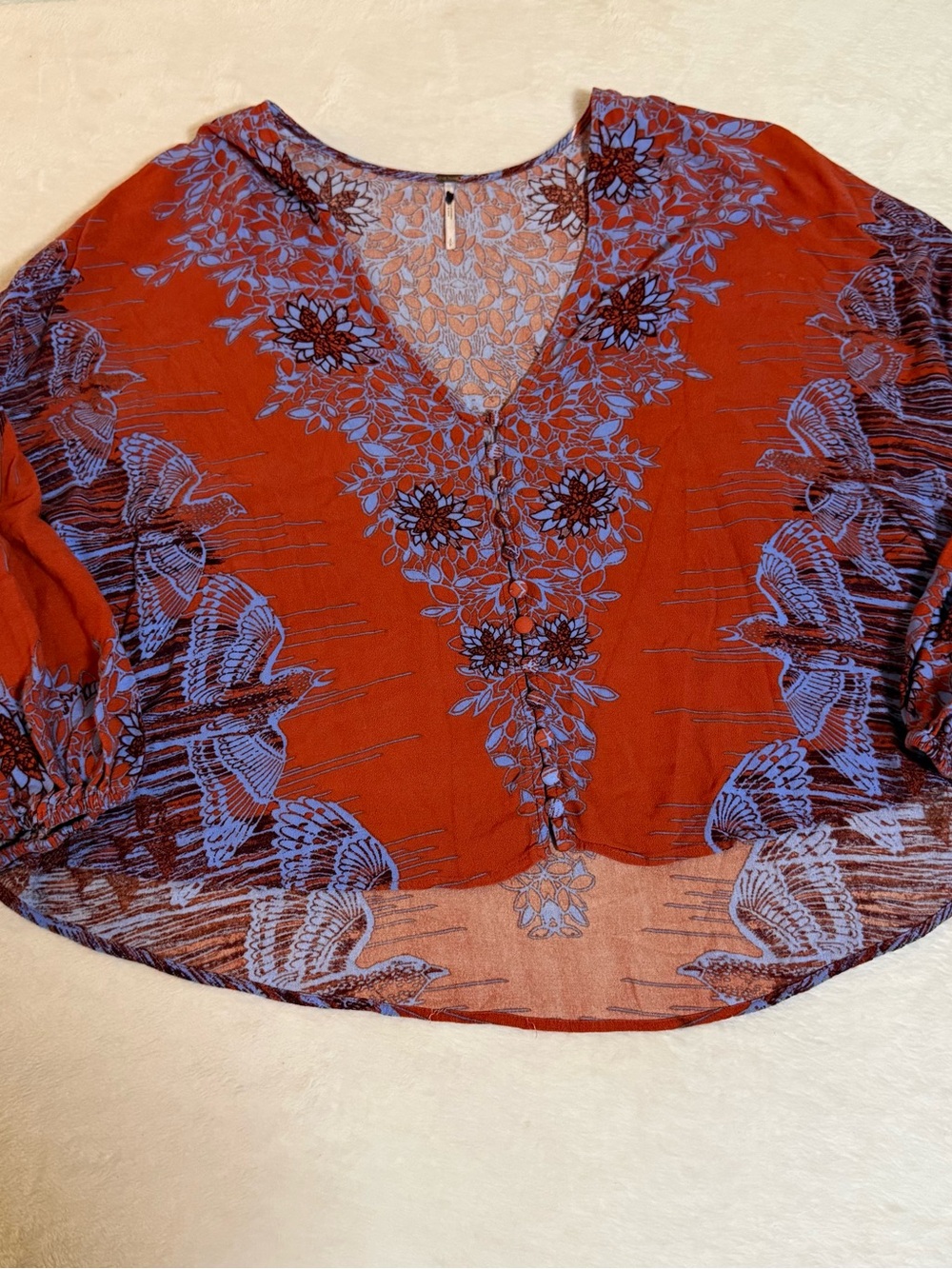 Free People Small Boho Floral Bird Blouse Rust Blue Rayon Long Sleeve Top